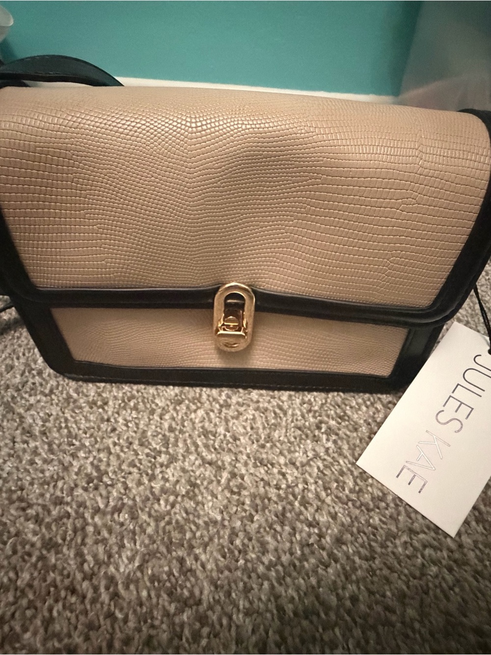 Jules Kae Beige & Black Structured Tote/Crossbody Bag NWT